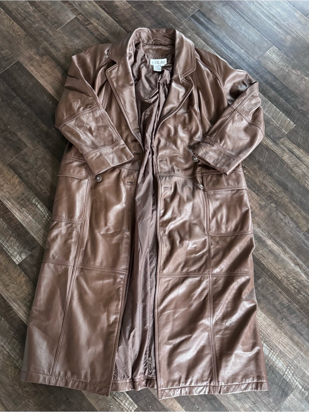 Vintage Together Brown Leather Trench Long Coat Jacket Women's Size 14 48.5in L